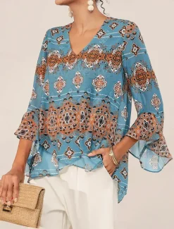 Sale Women's Blouse Graphic Elegant 3/4 Length Sleeve Bell Sleeve V Neck Regular Tops Work Ruffle Summer Spring Fall Women Chiffon Tops