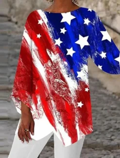 Best Women's Blouse Graphic Flag Vintage Tropical Stylish 3/4 Length Sleeve Crew Neck Regular Tops Daily Print Summer Spring Fall Women Independence Day Top