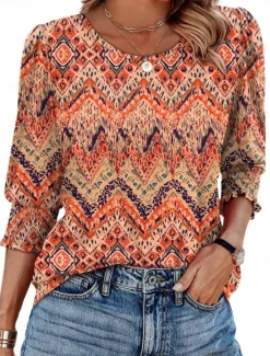 Sale Women's Blouse Graphic Geometric Abstract Tropical Stylish Casual Long Sleeve Crew Neck Regular Tops Daily Print Black White Yellow Orange Green Summer Spring Fall Women Blouses & Shirts