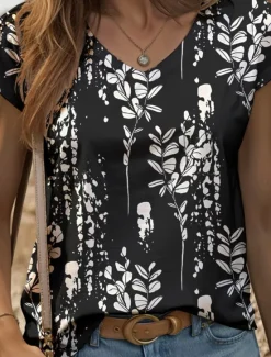 Clearance Women's Blouse Graphic Plants Vintage Stylish Classic Sleeveless Short Sleeve V Neck Regular Tops Daily Print Black White Summer Spring Women Tank Tops & Camis