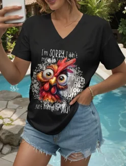 Outlet Women's Blouse Graphic Rooster Letter Vintage Stylish Classic Short Sleeve V Neck Regular Tops Daily Going out Beach Wear Print Black White Summer Spring Women T-Shirts