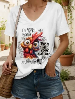 Outlet Women's Blouse Graphic Rooster Letter Vintage Stylish Classic Short Sleeve V Neck Regular Tops Daily Going out Beach Wear Print Black White Summer Spring Women T-Shirts