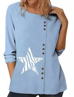 Best Women's Blouse Graphic Star Elegant Vintage Fashion Long Sleeve Crew Neck Round Neck Regular Tops Daily Going out Weekend White Blue Dark Blue Fall Women Shirts