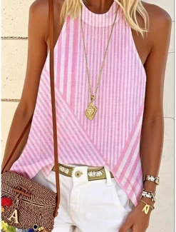 New Women's Blouse Graphic Striped Stylish Casual Sleeveless Crew Neck High Neck Regular Tops Daily Print Pink Blue Purple Green Summer Spring Women Tank Tops & Camis