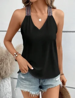 Hot Women's Blouse Graphic Stylish Casual Sleeveless V Neck Regular Tops Daily Patchwork Black Red Summer Spring Fall Women Blouses & Shirts