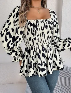 New Women's Blouse Graphic Stylish Casual Long Sleeve Square Neck Regular Tops Daily Print Black White Green Summer Spring Fall Women Blouses & Shirts