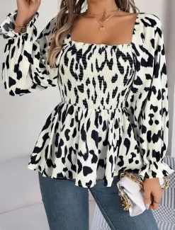 New Women's Blouse Graphic Stylish Casual Long Sleeve Square Neck Regular Tops Daily Print Black White Green Summer Spring Fall Women Blouses & Shirts
