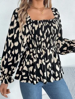 New Women's Blouse Graphic Stylish Casual Long Sleeve Square Neck Regular Tops Daily Print Black White Green Summer Spring Fall Women Blouses & Shirts