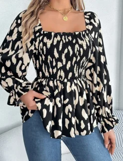 New Women's Blouse Graphic Stylish Casual Long Sleeve Square Neck Regular Tops Daily Print Black White Green Summer Spring Fall Women Blouses & Shirts