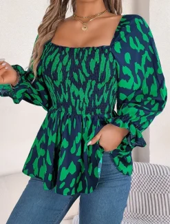 New Women's Blouse Graphic Stylish Casual Long Sleeve Square Neck Regular Tops Daily Print Black White Green Summer Spring Fall Women Blouses & Shirts
