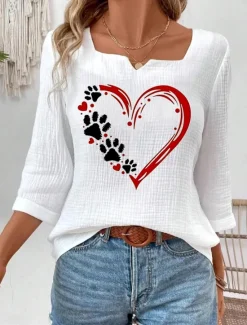 Outlet Women's Blouse Heart Animal Elegant 3/4 Length Sleeve Notched Neck Regular Tops Daily Linen Like Going out Print Summer Women Shirts