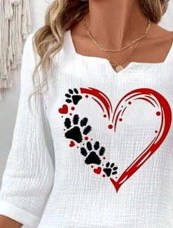 Outlet Women's Blouse Heart Animal Elegant 3/4 Length Sleeve Notched Neck Regular Tops Daily Linen Like Going out Print Summer Women Shirts