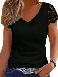 Best Women's Blouse Lace Tops Solid Color Daily Casual Short Sleeve V Neck Regular Tops Daily Lace Patchwork Black White Summer Women Lace Tops