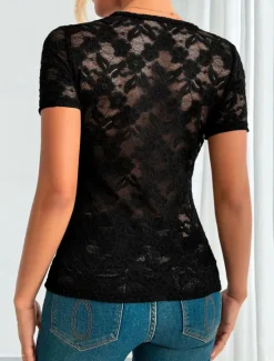 Sale Women's Blouse Lace Tops Solid Color Stylish Casual Short Sleeve V Neck Regular Tops Daily Lace Patchwork Black White Green Summer Spring Women Lace Tops