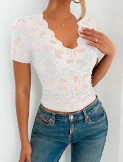Sale Women's Blouse Lace Tops Solid Color Stylish Casual Short Sleeve V Neck Regular Tops Daily Lace Patchwork Black White Green Summer Spring Women Lace Tops