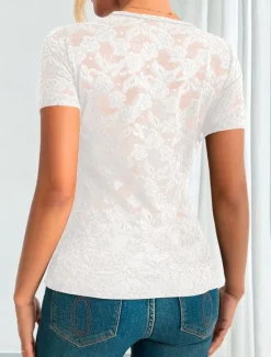 Sale Women's Blouse Lace Tops Solid Color Stylish Casual Short Sleeve V Neck Regular Tops Daily Lace Patchwork Black White Green Summer Spring Women Lace Tops