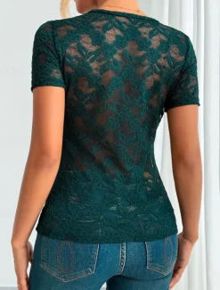 Sale Women's Blouse Lace Tops Solid Color Stylish Casual Short Sleeve V Neck Regular Tops Daily Lace Patchwork Black White Green Summer Spring Women Lace Tops