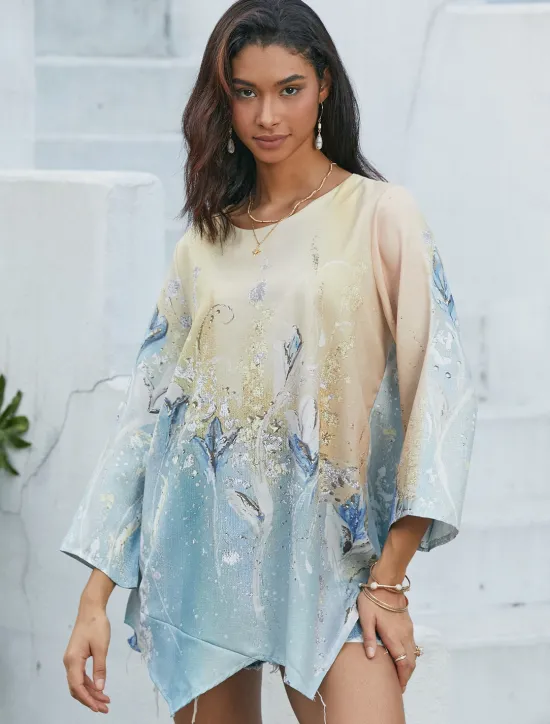 Outlet Women's Blouse Long Sleeve Asymmetrical Hem Chiffon Basic Abstract Print Long Tops Round Neck Casual Holiday Yellow Light Green Spring Fall Women Chiffon Tops