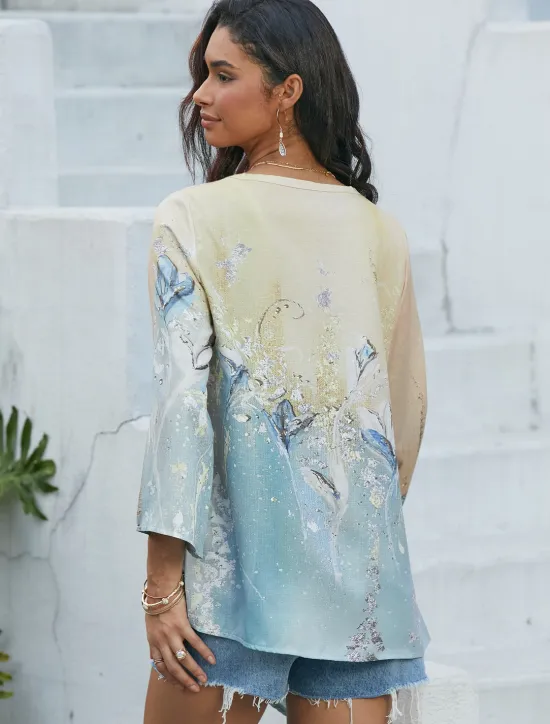 Outlet Women's Blouse Long Sleeve Asymmetrical Hem Chiffon Basic Abstract Print Long Tops Round Neck Casual Holiday Yellow Light Green Spring Fall Women Chiffon Tops