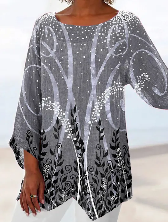 Best Women's Blouse Long Sleeve Asymmetrical Hem Chiffon Daily Basic Leaf Print Long Tops Round Neck Casual Holiday Blue Green Gray Fall & Winter Women Chiffon Tops