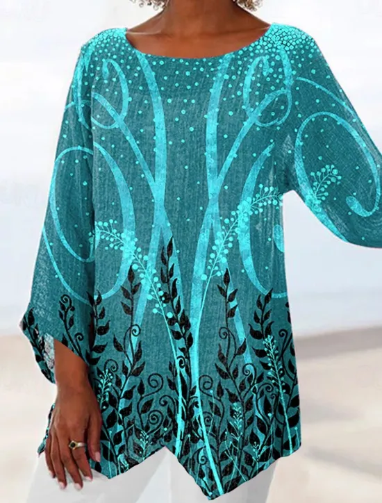 Best Women's Blouse Long Sleeve Asymmetrical Hem Chiffon Daily Basic Leaf Print Long Tops Round Neck Casual Holiday Blue Green Gray Fall & Winter Women Chiffon Tops