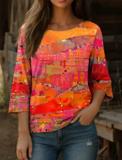 Best Women's Blouse Long Sleeve Graphic Abstract Bohemia Vintage Ethnic 3/4 Length Sleeve Crew Neck Regular Tops Daily Vacation Wear Print Blue Purple Orange Summer Spring Women Blouses & Shirts