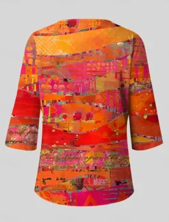 Best Women's Blouse Long Sleeve Graphic Abstract Bohemia Vintage Ethnic 3/4 Length Sleeve Crew Neck Regular Tops Daily Vacation Wear Print Blue Purple Orange Summer Spring Women Blouses & Shirts