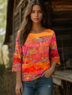 Best Women's Blouse Long Sleeve Graphic Abstract Bohemia Vintage Ethnic 3/4 Length Sleeve Crew Neck Regular Tops Daily Vacation Wear Print Blue Purple Orange Summer Spring Women Blouses & Shirts