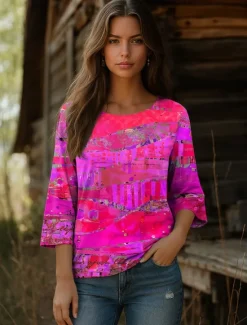 Best Women's Blouse Long Sleeve Graphic Abstract Bohemia Vintage Ethnic 3/4 Length Sleeve Crew Neck Regular Tops Daily Vacation Wear Print Blue Purple Orange Summer Spring Women Blouses & Shirts