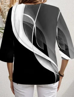 Hot Women's Blouse Long Sleeve Asymmetrical Hem Graphic Geometric Stylish Beach 3/4 Length Sleeve Crew Neck Regular Tops Daily Print Black Pink Blue Green Spring Fall Women Blouses & Shirts