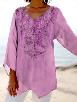 Sale Women's Blouse Long Sleeve Asymmetrical Hem Floral Graphic Stylish Ethnic Beach Short Sleeve V Neck Regular Tops Daily Holiday Print Pink Blue Purple Green Summer Spring Women Boho Tops