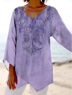 Sale Women's Blouse Long Sleeve Asymmetrical Hem Floral Graphic Stylish Ethnic Beach Short Sleeve V Neck Regular Tops Daily Holiday Print Pink Blue Purple Green Summer Spring Women Boho Tops