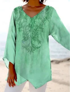 Sale Women's Blouse Long Sleeve Asymmetrical Hem Floral Graphic Stylish Ethnic Beach Short Sleeve V Neck Regular Tops Daily Holiday Print Pink Blue Purple Green Summer Spring Women Boho Tops