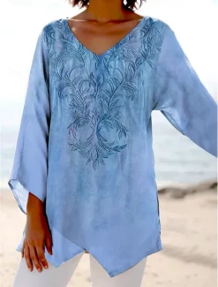 Sale Women's Blouse Long Sleeve Asymmetrical Hem Floral Graphic Stylish Ethnic Beach Short Sleeve V Neck Regular Tops Daily Holiday Print Pink Blue Purple Green Summer Spring Women Boho Tops