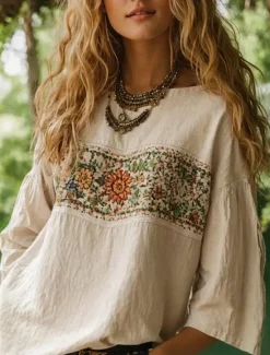 Online Women's Blouse Long Sleeve Floral Graphic Bohemia Daily Ethnic 3/4 Length Sleeve Crew Neck Boat Neck Regular Tops Daily Holiday Vacation Wear Print Black Red Orange Beige Summer Spring Women Blouses & Shirts