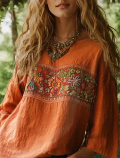 Online Women's Blouse Long Sleeve Floral Graphic Bohemia Daily Ethnic 3/4 Length Sleeve Crew Neck Boat Neck Regular Tops Daily Holiday Vacation Wear Print Black Red Orange Beige Summer Spring Women Blouses & Shirts