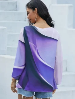 Hot Women's Blouse Long Sleeve Asymmetrical Hem Tunic Top Chiffon Stylish Neon & Bright Ombre Print Asymmetric Hem Long Tops Round Neck Casual Daily Pink Purple Orange Green Gray Spring Fall Women Blouses & Shirts|Chiffon Tops