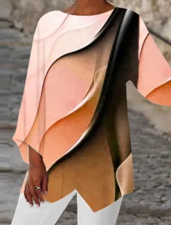 Hot Women's Blouse Long Sleeve Asymmetrical Hem Tunic Top Chiffon Stylish Neon & Bright Ombre Print Asymmetric Hem Long Tops Round Neck Casual Daily Pink Purple Orange Green Gray Spring Fall Women Blouses & Shirts|Chiffon Tops
