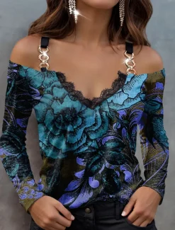 Outlet Women's Blouse Long Sleeve V Neck Fashion Floral Print Cold Shoulder Regular Tops Off Shoulder Casual Holiday Red Blue Purple Spring & Fall Women Spring Tops