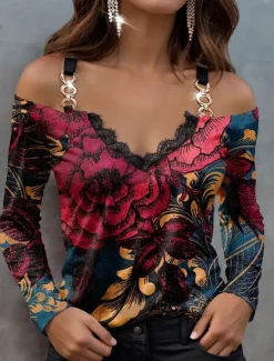 Outlet Women's Blouse Long Sleeve V Neck Fashion Floral Print Cold Shoulder Regular Tops Off Shoulder Casual Holiday Red Blue Purple Spring & Fall Women Spring Tops