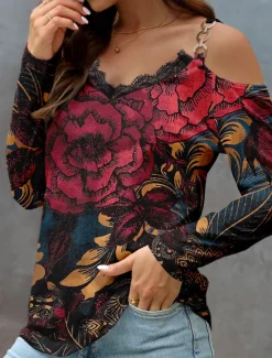 Outlet Women's Blouse Long Sleeve V Neck Fashion Floral Print Cold Shoulder Regular Tops Off Shoulder Casual Holiday Red Blue Purple Spring & Fall Women Spring Tops