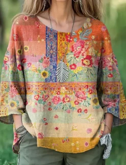 Outlet Women's Blouse Long Sleeve Floral Graphic Bohemia Daily Ethnic 3/4 Length Sleeve Crew Neck Boat Neck Regular Tops Daily Holiday Vacation Wear Print Summer Spring Women Blouses & Shirts