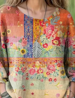 Outlet Women's Blouse Long Sleeve Floral Graphic Bohemia Daily Ethnic 3/4 Length Sleeve Crew Neck Boat Neck Regular Tops Daily Holiday Vacation Wear Print Summer Spring Women Blouses & Shirts