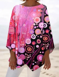 Clearance Women's Blouse Long Sleeve Asymmetrical Hem Ombre Graphic Polka Dot Stylish Beach 3/4 Length Sleeve Crew Neck Regular Tops Daily Print Pink Blue Orange Spring Fall Women Blouses & Shirts