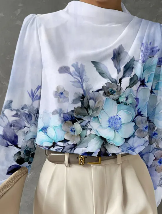 Women's Blouse Long Sleeve Fashion Floral Print Regular Tops Crew Neck Work White Pink Blue Green Spring & Fall Women Spring Tops