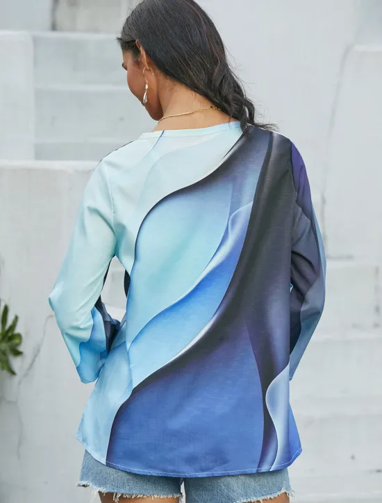 Clearance Women's Blouse Long Sleeve Asymmetrical Hem Chiffon Daily Basic Neon & Bright Abstract Print Long Tops Round Neck Casual Fall & Winter Women Chiffon Tops