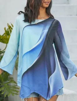 Clearance Women's Blouse Long Sleeve Asymmetrical Hem Chiffon Daily Basic Neon & Bright Abstract Print Long Tops Round Neck Casual Fall & Winter Women Chiffon Tops
