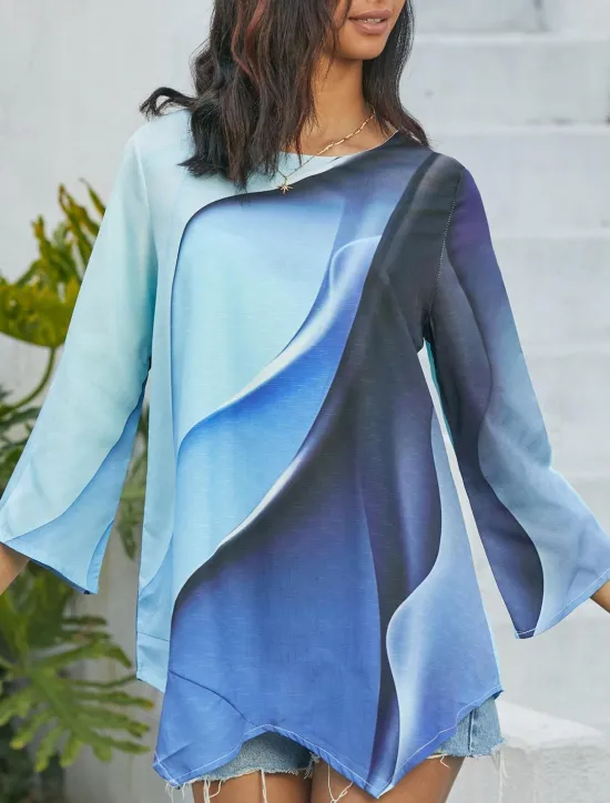Clearance Women's Blouse Long Sleeve Asymmetrical Hem Chiffon Daily Basic Neon & Bright Abstract Print Long Tops Round Neck Casual Fall & Winter Women Chiffon Tops