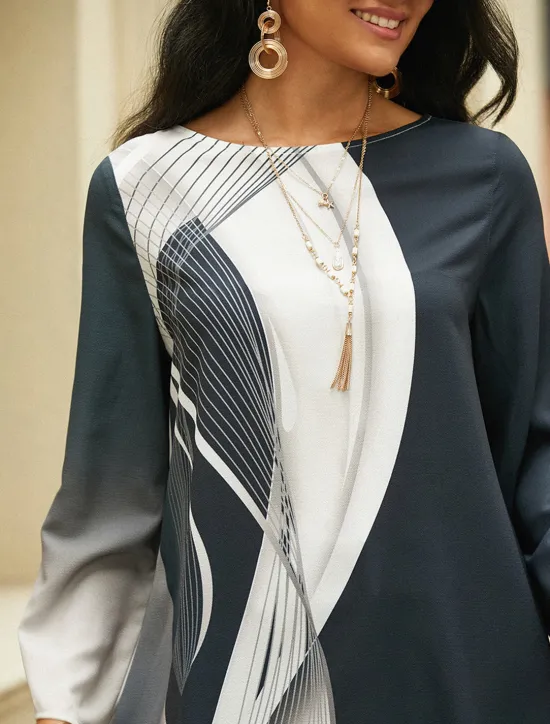 New Women's Blouse Long Sleeve Asymmetrical Hem Chiffon Basic Butterfly Print Regular Tops Round Neck Casual White Gray Spring Fall Women Chiffon Tops