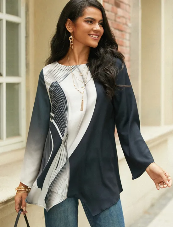 New Women's Blouse Long Sleeve Asymmetrical Hem Chiffon Basic Butterfly Print Regular Tops Round Neck Casual White Gray Spring Fall Women Chiffon Tops